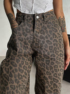 DAZY Women'S Leopard Print Loose Pocket Casual Versatile Denim Jeans Y2K