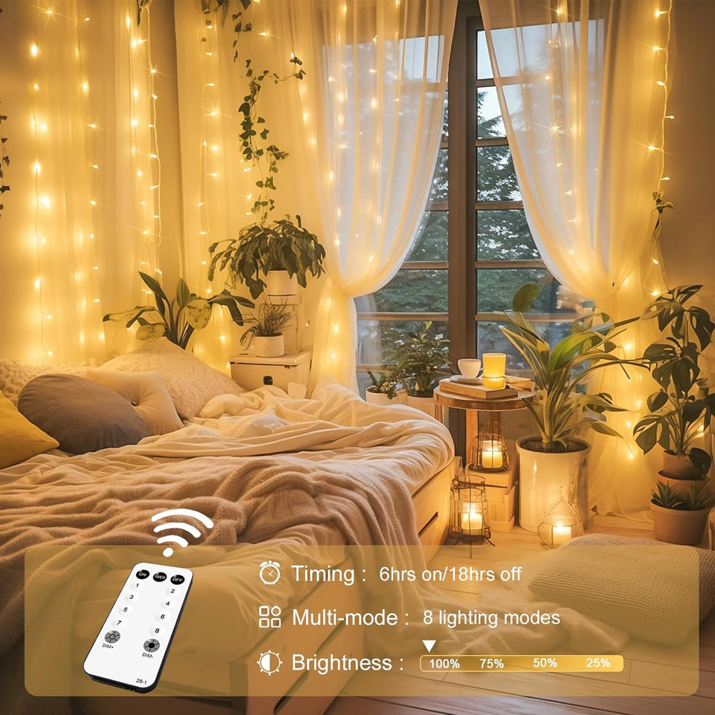 300 LED Remote Control Christmas Curtain Lights, Plug in Fairy Curtain Lights Outdoor, Window Wall Hanging String Lights for Bedroom Backdrop Wedding Party Indoor Patio Xmas Decor, Warm White
