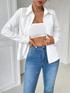 INAWLY Casual Collared Pocket Fitted White Long Sleeve Women Blouse Women Shirt Fall Cloth for Women