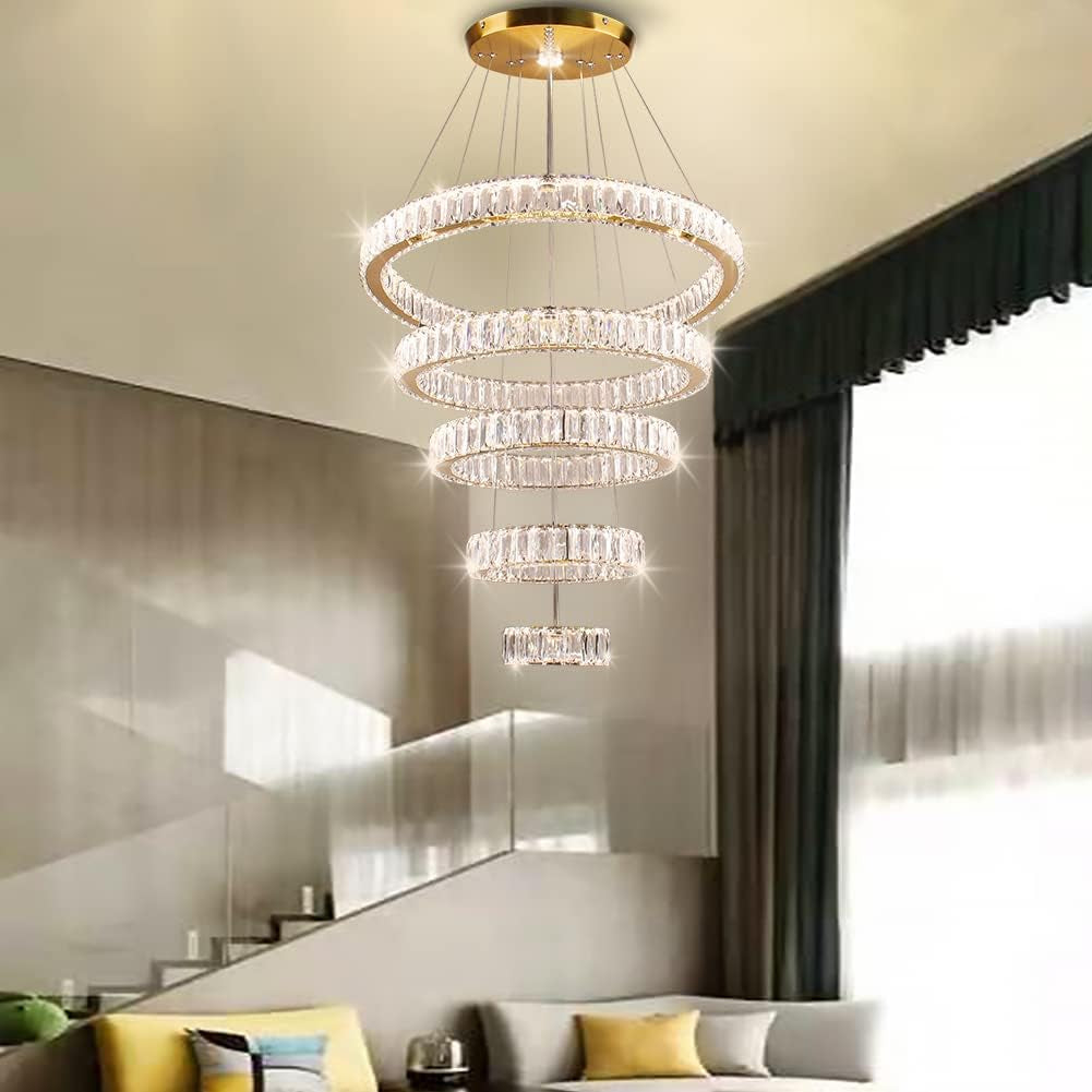 LED Big Crystal Chandeliers Modern 5 Rings Pendant Light Adjustable Ceiling Light for Bedroom Dinning Room Kitchen (Multicolor,Control by Switch)