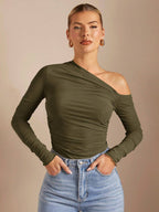 BAE 1Pc Women Solid Asymmetric Draped Sheer Fitted Long Sleeve Top