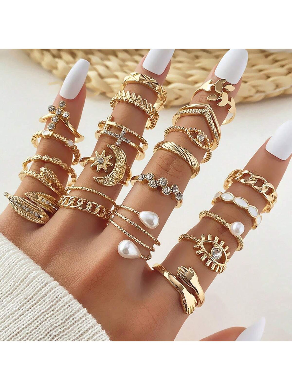 23Pcs Luxury Eye, Faux Pearl, Multi-Element Ring Set with Rhinestone Decoration, for Women Daily Wear