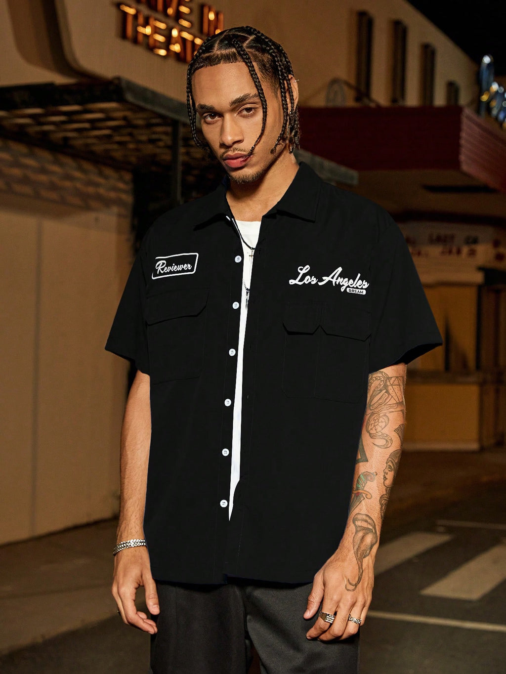 PAVTROS Manfinity Streetrush Manfinity Streetrush Men'S Loose Fit Utility Pocket Design Casual Shirt, Blue Button-Up Short Sleeve Shirt, Multi Pocket Casual Shirt, Graphic Los Angeles Reviewer Mechanic Shirt