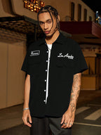 PAVTROS Manfinity Streetrush Manfinity Streetrush Men'S Loose Fit Utility Pocket Design Casual Shirt, Blue Button-Up Short Sleeve Shirt, Multi Pocket Casual Shirt, Graphic Los Angeles Reviewer Mechanic Shirt