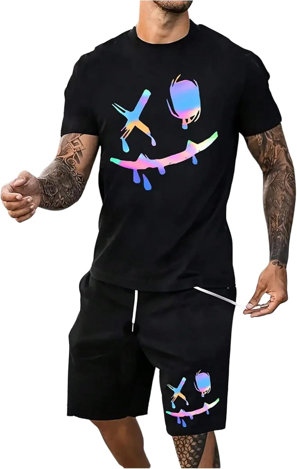 Men'S 2 Piece Short Sets Graphic Print Short Sleeve T Shirts and Drawstring Shorts Clothing Set