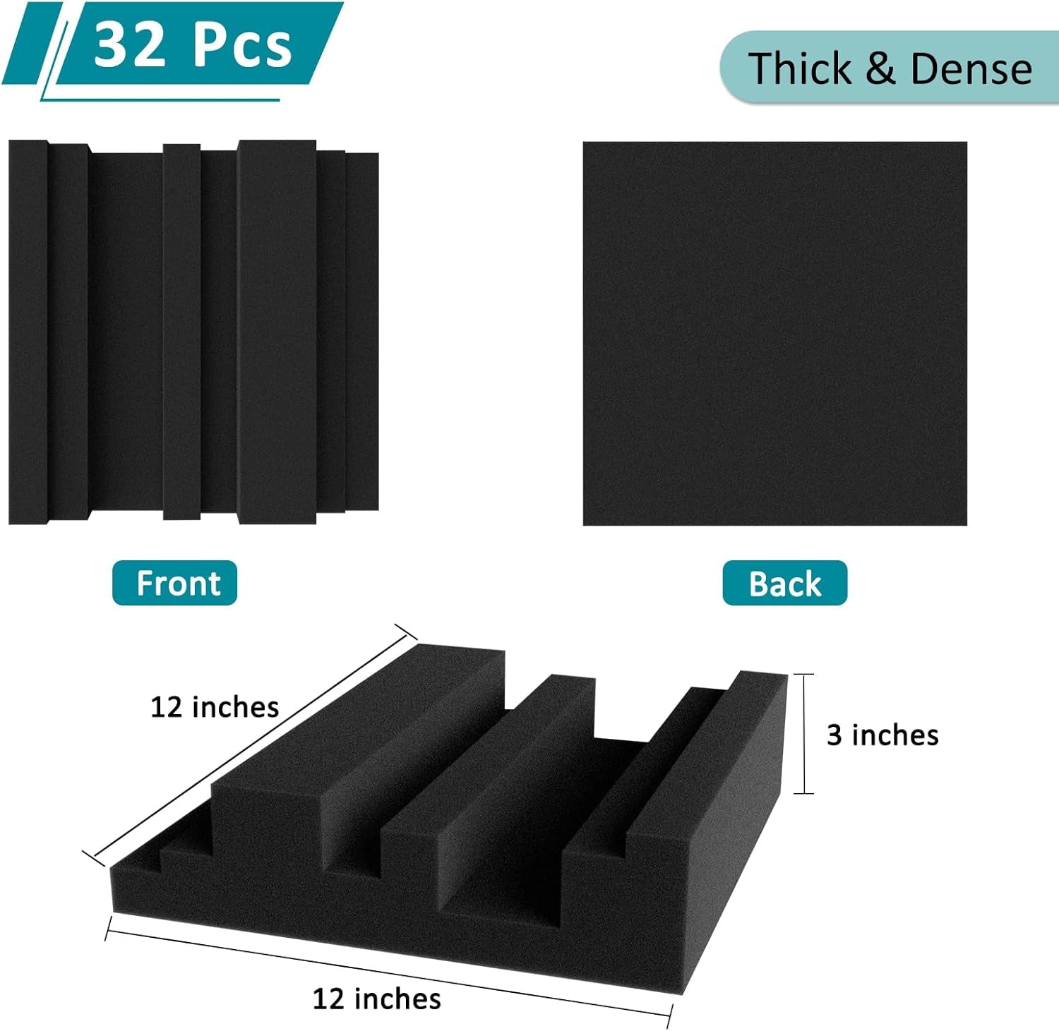 Thickened 12 X 12 X 3 Inch Acoustic Foam Panels in Diffusion Pattern, 32 Pcs High Density Sound Absorbing Foam Diffuser, Soundproof 3D Wall Padding Tiles for Recording Studio Home Office