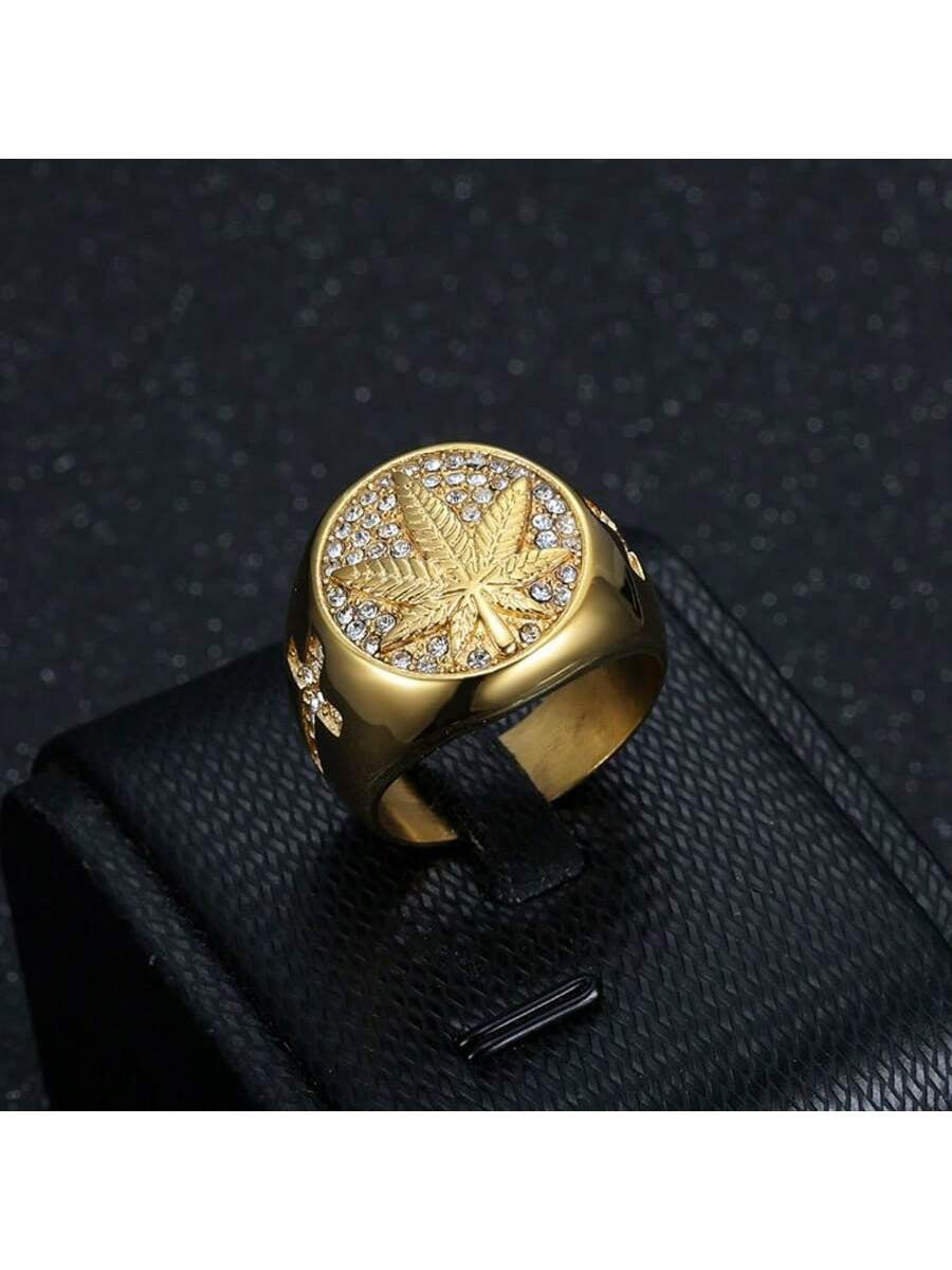 Hip Hop Maple Leaf Rhinestone Men'S Ring - Hip Hop Style Alloy Single Ring with Rhinestone Mosaic, Non-Plated Fashion Jewelry Statement Piece - for Men - Suitable for Parties & Everyday Wear - Perfect Gift for Fashion Lovers