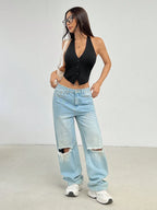 PETITE Ladies Solid Color Sleeveless Backless Neck-Hanging Summer Top