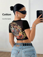 ICON Solid Color Short Sleeve Y2K Back to School Women Black T-Shirt with Chinese Dragon Print
