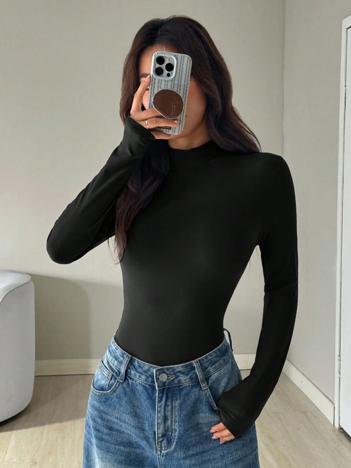 Ezwear Women Stand Collar Long Sleeve Casual Bodysuit