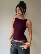 Aloruh Women'S Commuter & Casual Backless Bowknot round Neck Sleeveless Blouse, Purple Top,Rave Top