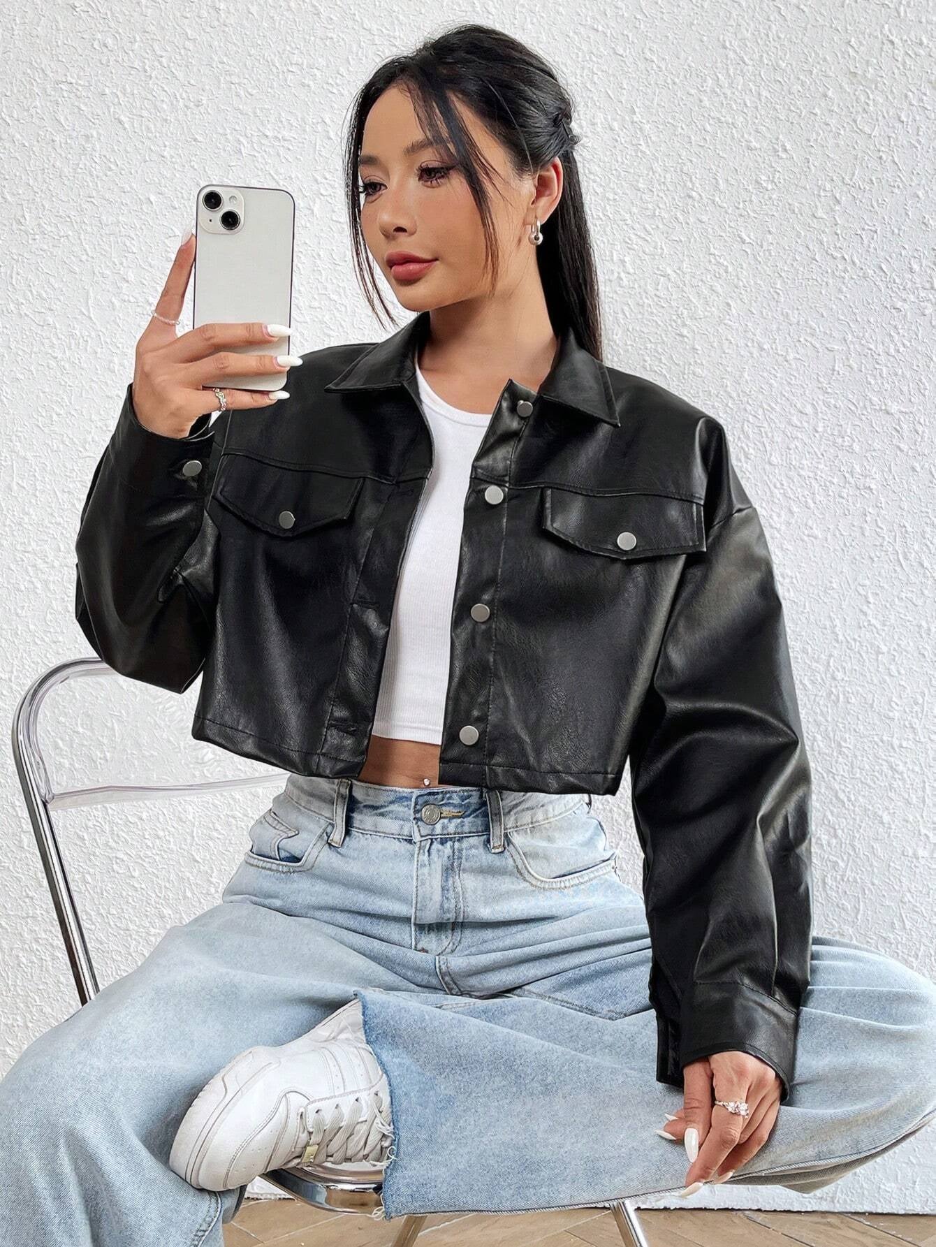 Ezwear 1Pc Flap Detail Drop Shoulder Crop PU Leather Jacket,Ladies Late Fall Casual Button Drop Shoulder Collar Regular Fit Black Plain Women Jackets,Outdoor Activities