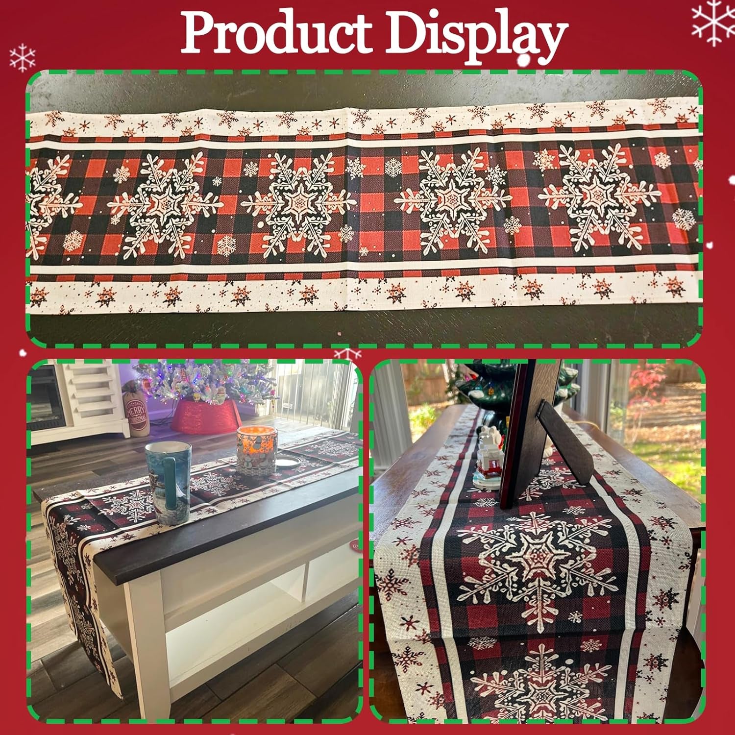 Snowflakes Christmas Table Runner with Buffalo Plaid, Winter Xmas Holiday Kitchen Dining Table Decoration for Indoor Outdoor Home Party Decor 13 X 72