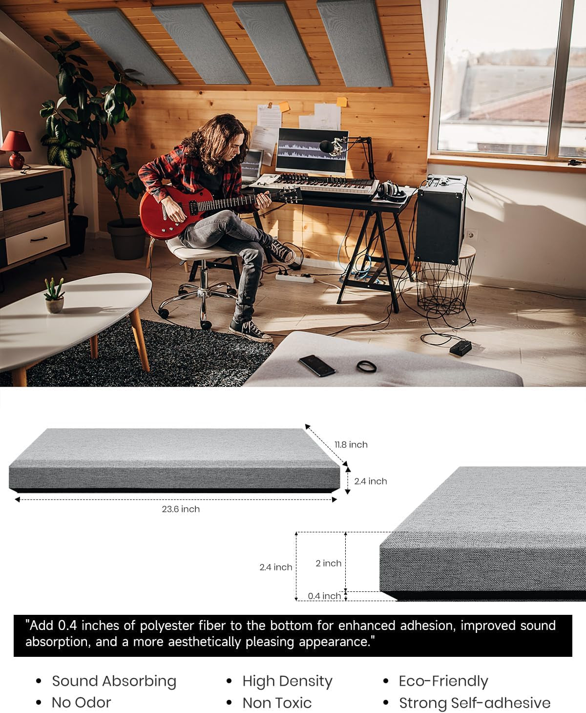 Acoustic Panels 4 PCS, 2.4“ Thick Fiberglass Soundproof Wall Panels 24''X12'', Self-Adhesive Sound Absorbing Panels for Studios, Office, Home Theater (Gray)