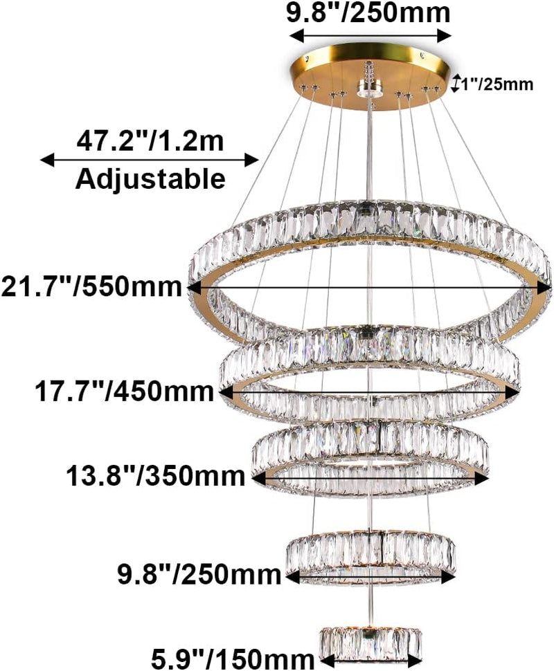 LED Big Crystal Chandeliers Modern 5 Rings Pendant Light Adjustable Ceiling Light for Bedroom Dinning Room Kitchen (Multicolor,Control by Switch)