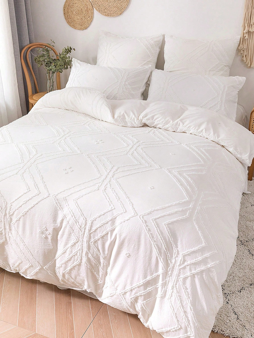 3Pcs Plaid Cut Flowers Polyester Fiber Duvet Cover Set, Simple Japanese Style White Polyester Duvet Cover for All Seasons