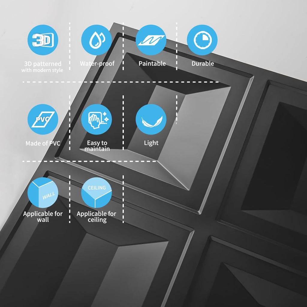 Drop Ceiling Tiles 24X24, 12 Sheets PVC Decorative Glue up Ceilng Panels 2X2, Black