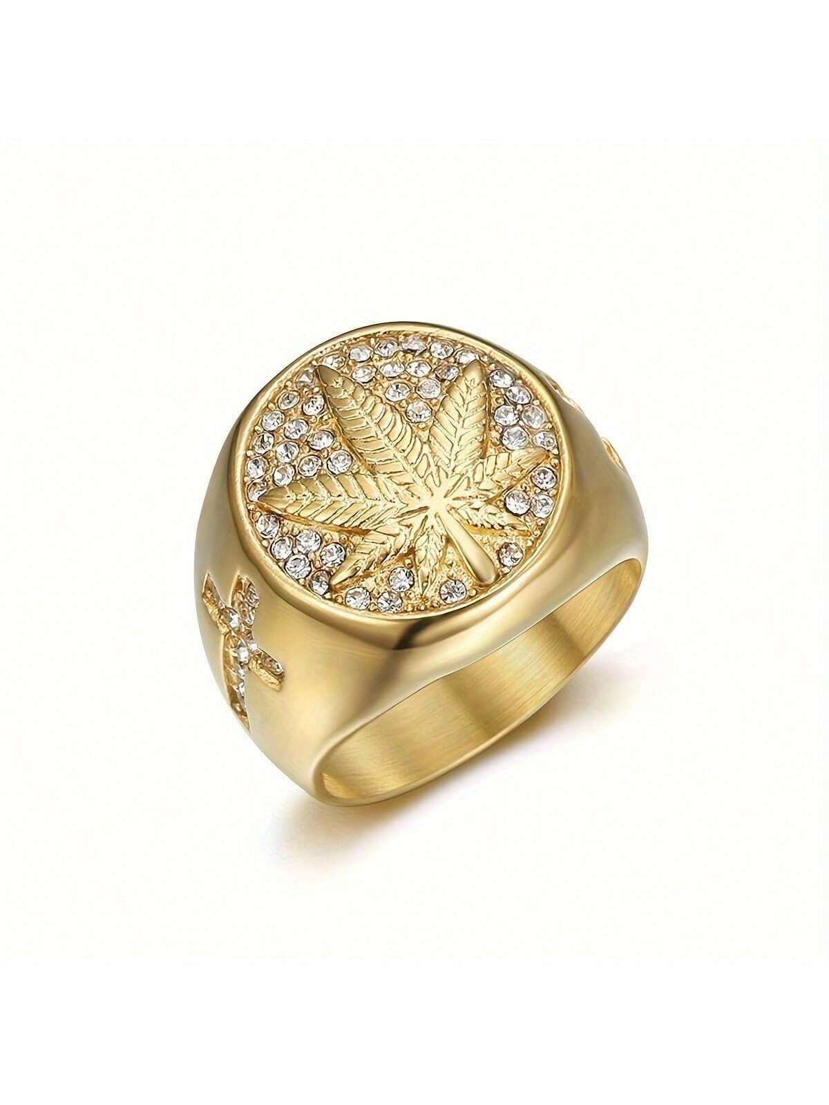 Hip Hop Maple Leaf Rhinestone Men'S Ring - Hip Hop Style Alloy Single Ring with Rhinestone Mosaic, Non-Plated Fashion Jewelry Statement Piece - for Men - Suitable for Parties & Everyday Wear - Perfect Gift for Fashion Lovers