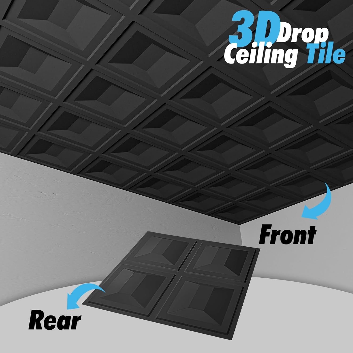 Drop Ceiling Tiles 24X24, 12 Sheets PVC Decorative Glue up Ceilng Panels 2X2, Black