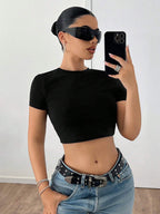 ICON Solid Color Short Sleeve Y2K Back to School Women Black T-Shirt with Chinese Dragon Print