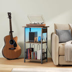 Record Player Stand with Charging Station and LED, Turntable Stand with Storage, 3 Tier End Table Hold up to 100 Albums, Record Table for Vinyl, Living Room, Rustic Brown and Black BF06UDRS01