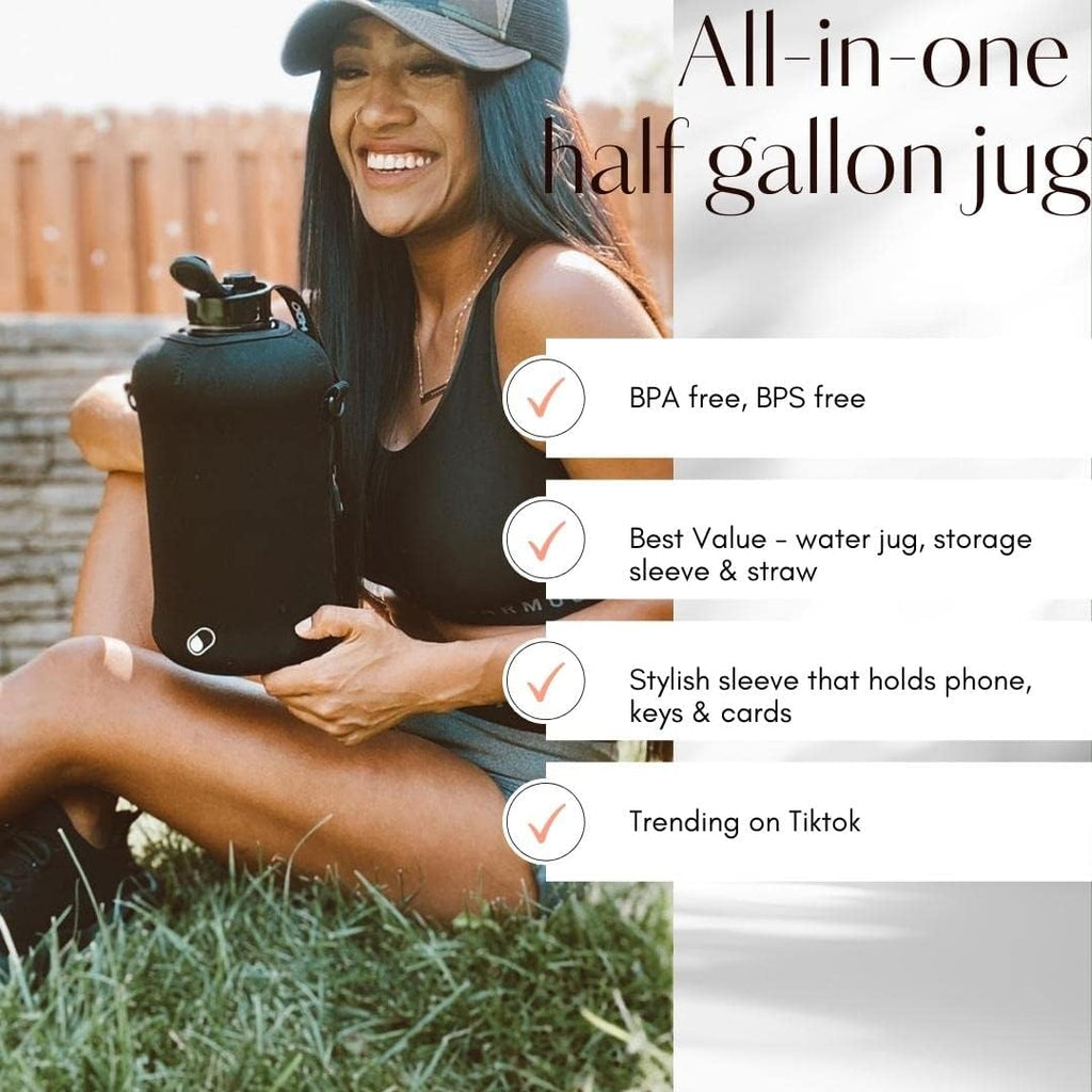 2.2L Half Gallon Water Bottle with Storage Sleeve and Covered Straw Lid – BPA Free Large Reusable Drink Container with Handle - Big Sports Jug, 2.2 Liter (74 Ounce)