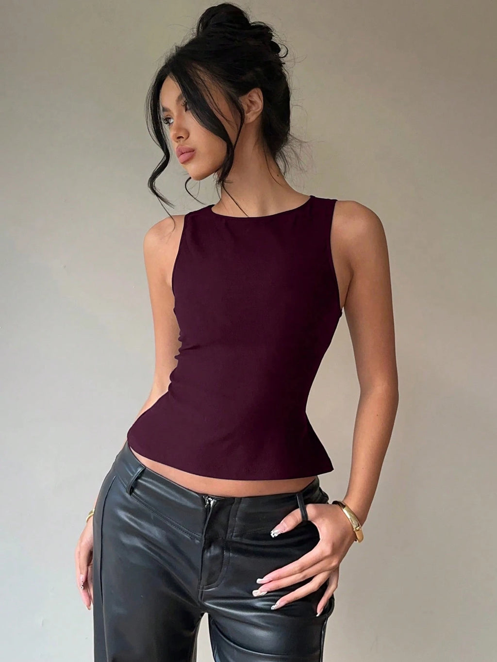 Aloruh Women'S Commuter & Casual Backless Bowknot round Neck Sleeveless Blouse, Purple Top,Rave Top