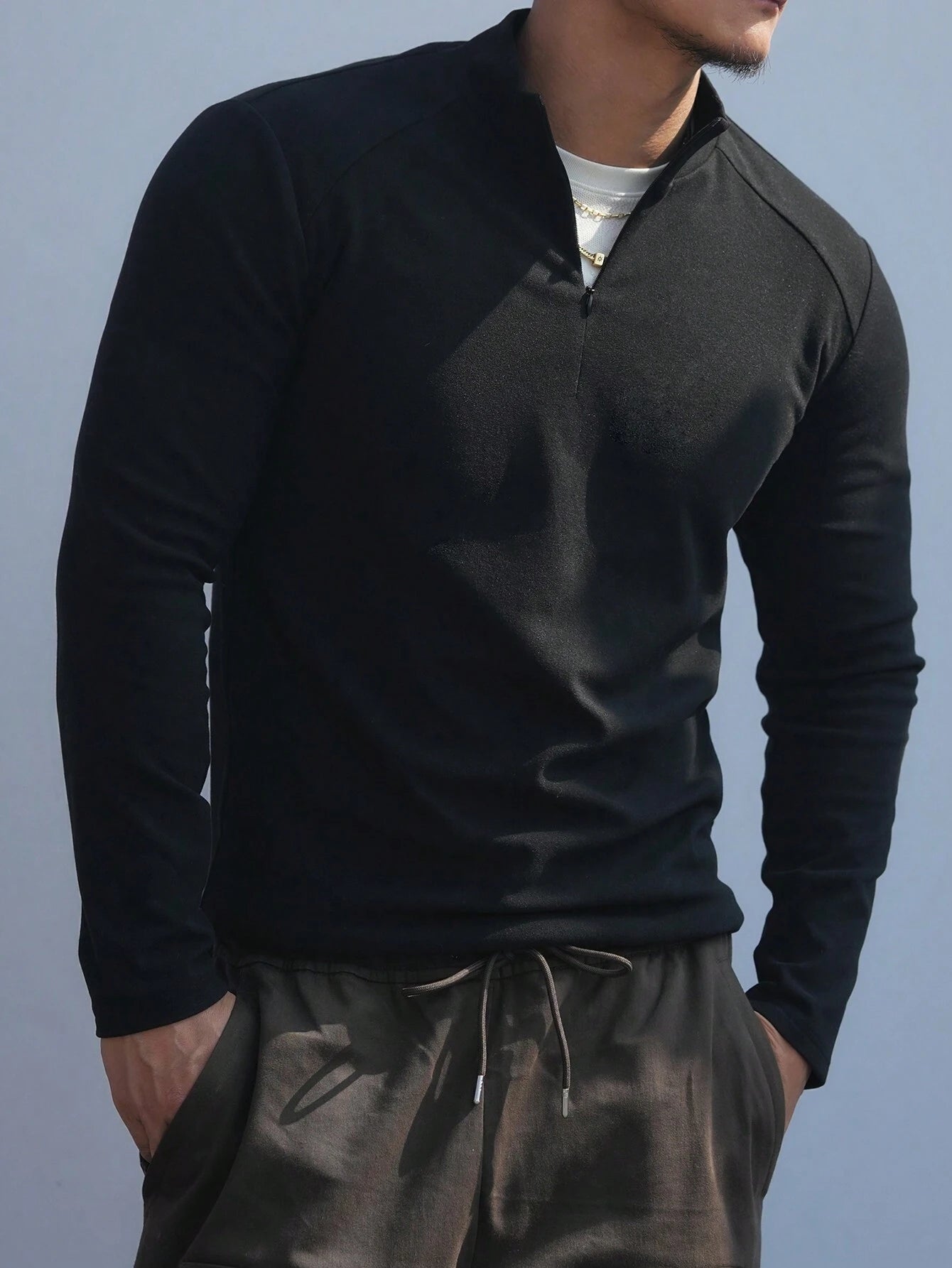 DAZY Men'S Solid Color Stand Collar Zipper Long Sleeve Slim Fit Sports T-Shirt, Autumn, Fall