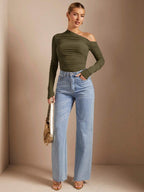 BAE 1Pc Women Solid Asymmetric Draped Sheer Fitted Long Sleeve Top