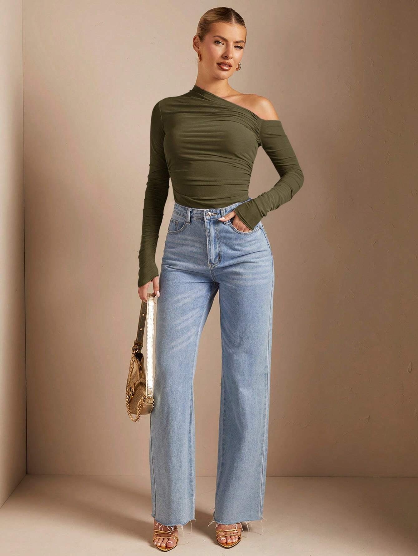 BAE 1Pc Women Solid Asymmetric Draped Sheer Fitted Long Sleeve Top