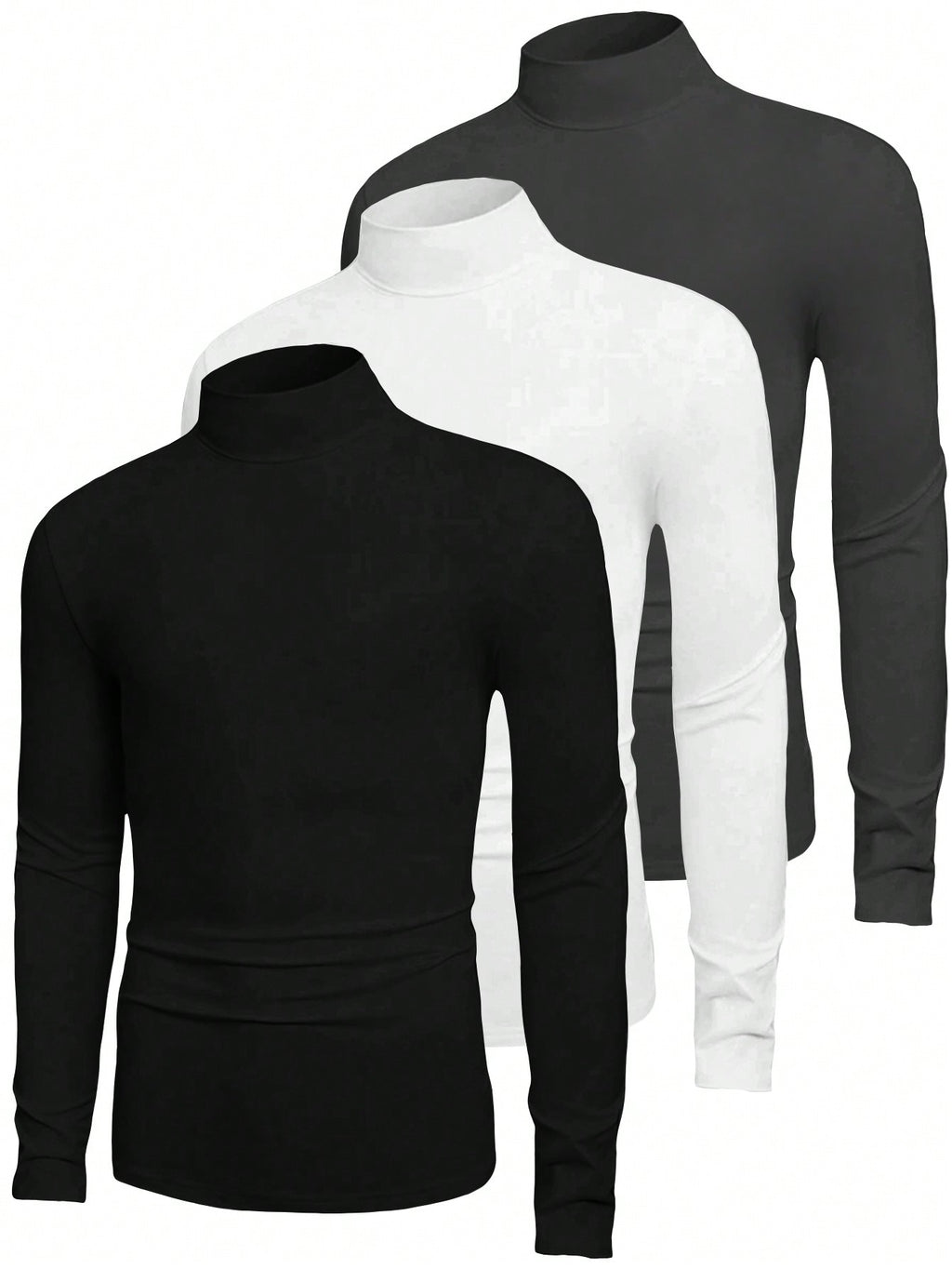 3Pcs/Set Men Solid Color Casual Turtleneck Long Sleeve T-Shirts, Autumn Tees, Fall Clothes