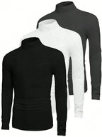 3Pcs/Set Men Solid Color Casual Turtleneck Long Sleeve T-Shirts, Autumn Tees, Fall Clothes