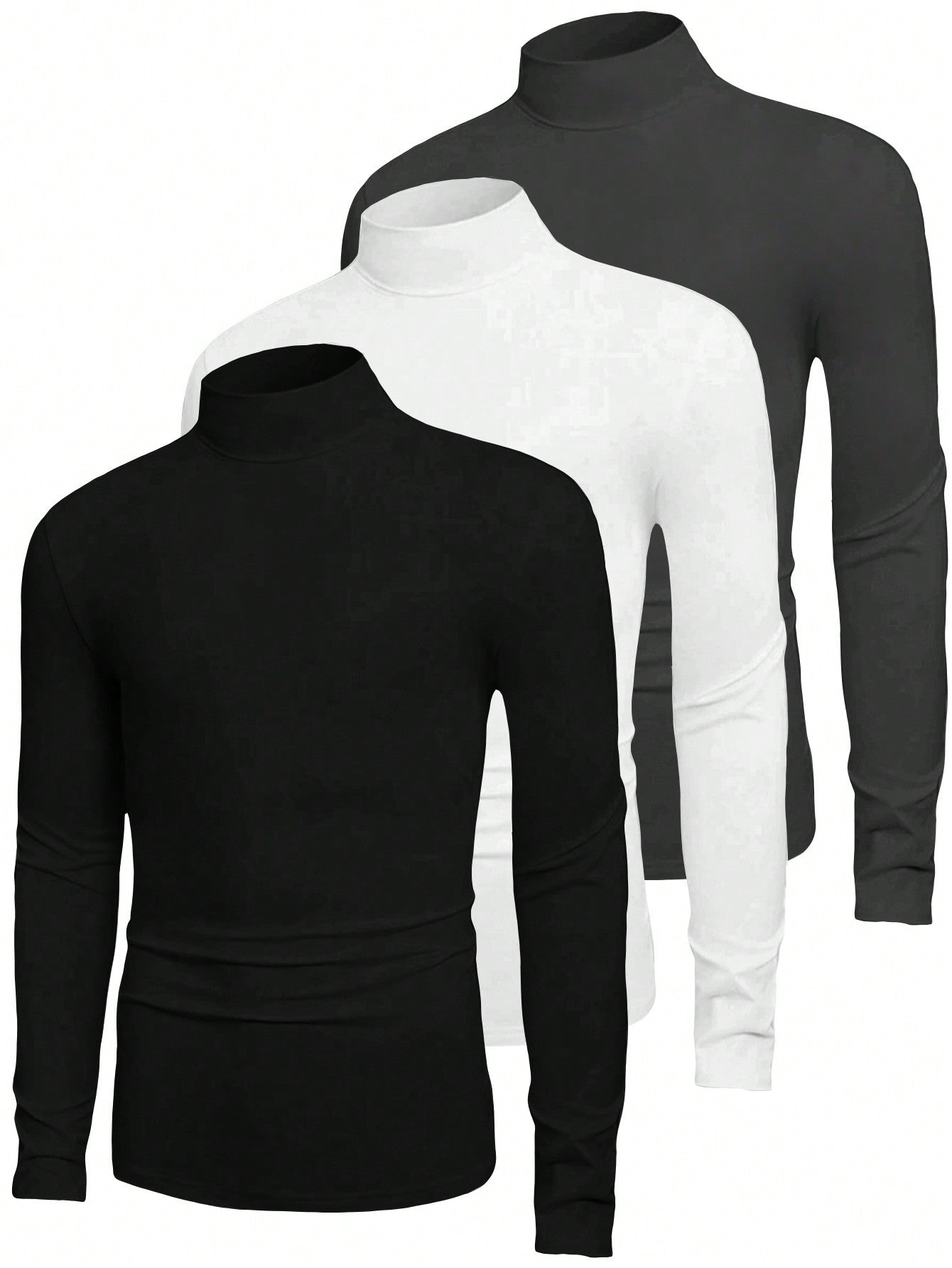 3Pcs/Set Men Solid Color Casual Turtleneck Long Sleeve T-Shirts, Autumn Tees, Fall Clothes