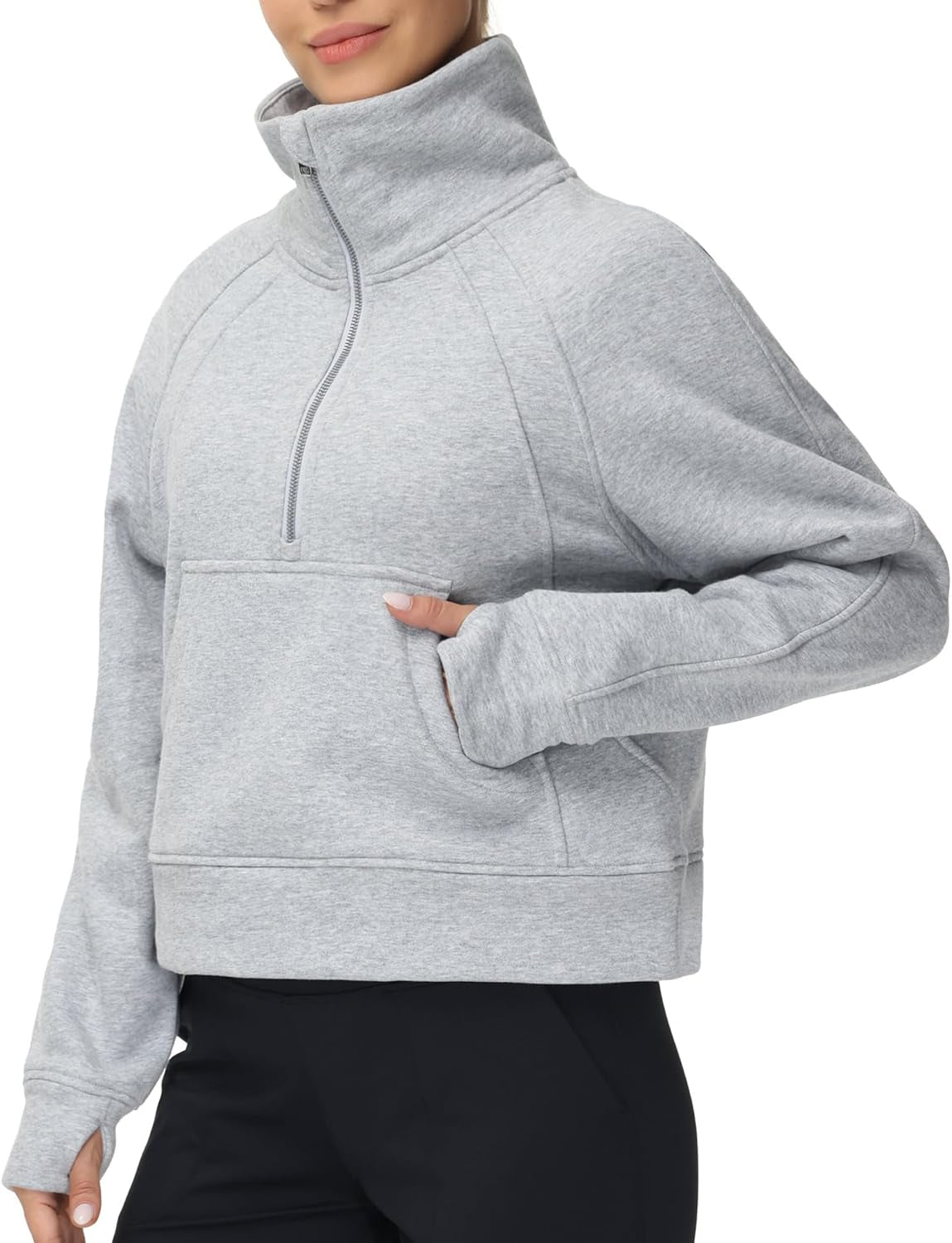 Womens' Half Zip Pullover Fleece Stand Collar Crop Sweatshirt with Pockets Thumb Hole