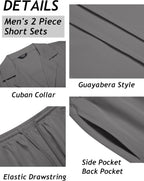 Mens 2 Piece Short Set Guayabera Button down Shirt Casual Summer Beach Outfits