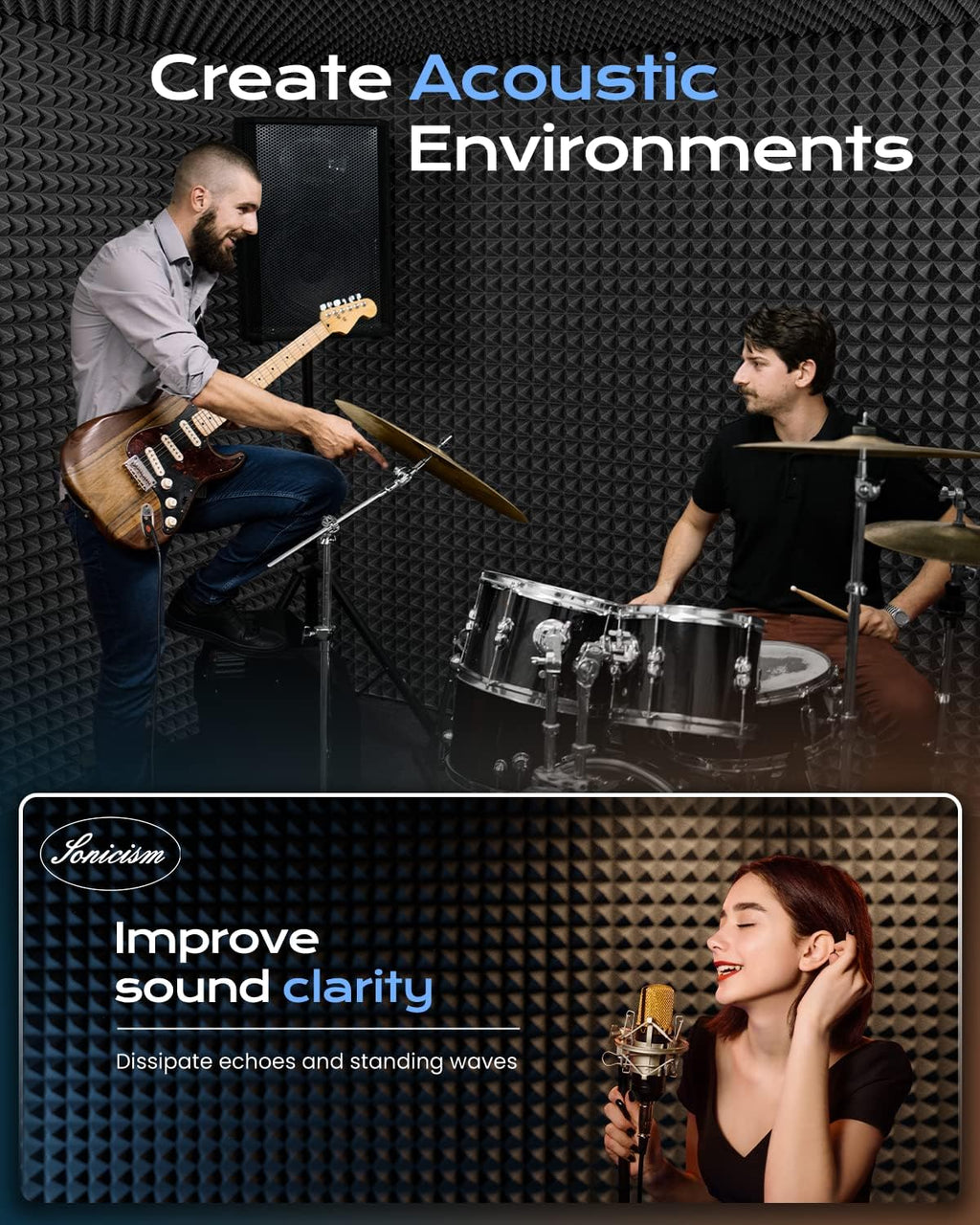 12 Pack Pyramid Sound Proof Foam Panels with Self-Adhesive, 12" X 12" X 2" Acoustic Foam Panels of High Density, Soundproof Wall Panels Fast Expand, Sound Absorption and Decoration (Black)