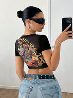 ICON Solid Color Short Sleeve Y2K Back to School Women Black T-Shirt with Chinese Dragon Print