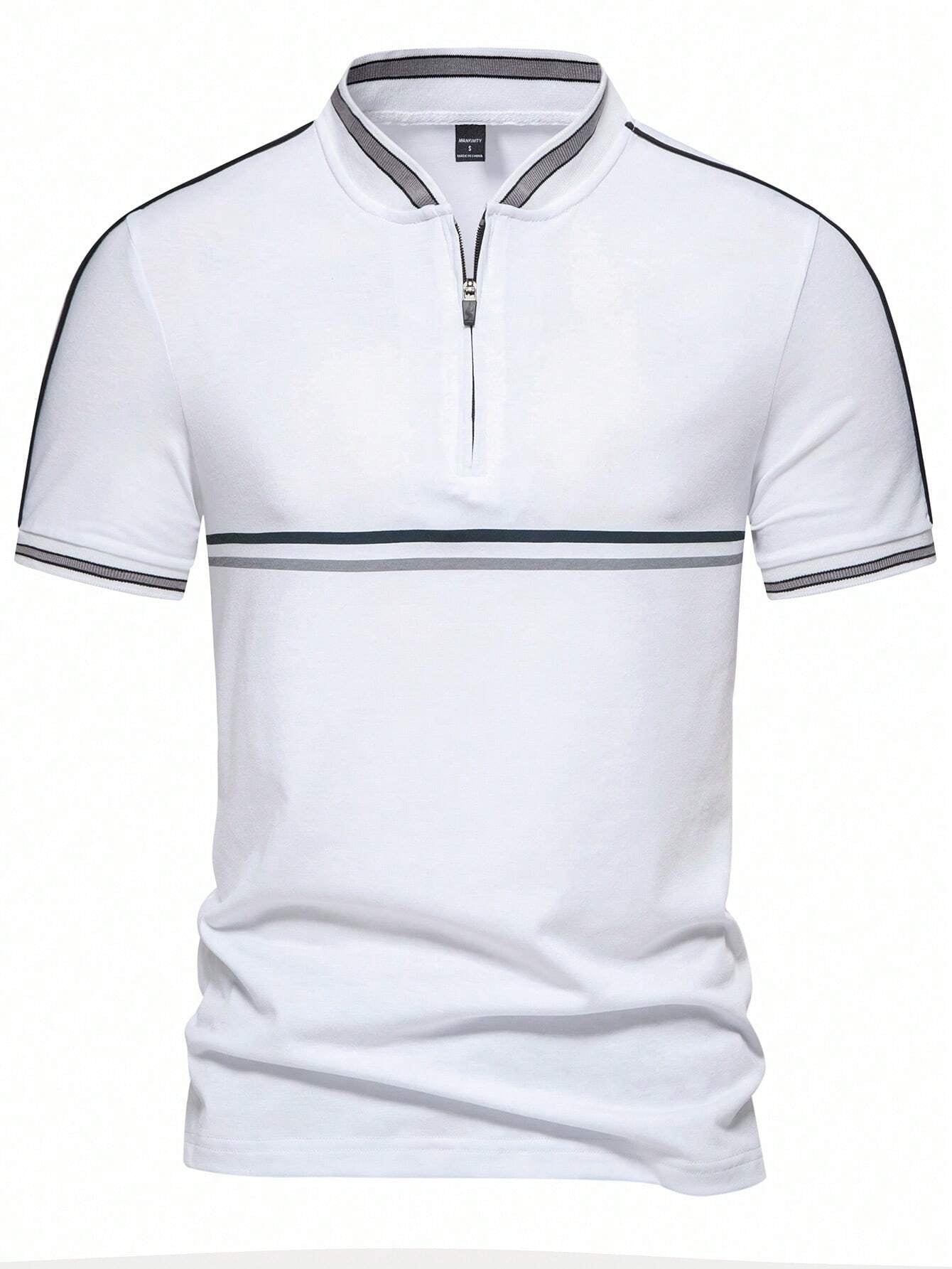 Manfinity Mode Men Simple Zip Work Business Casual Polo Shirt with Stripes Embellishment, for Husband, for Golf