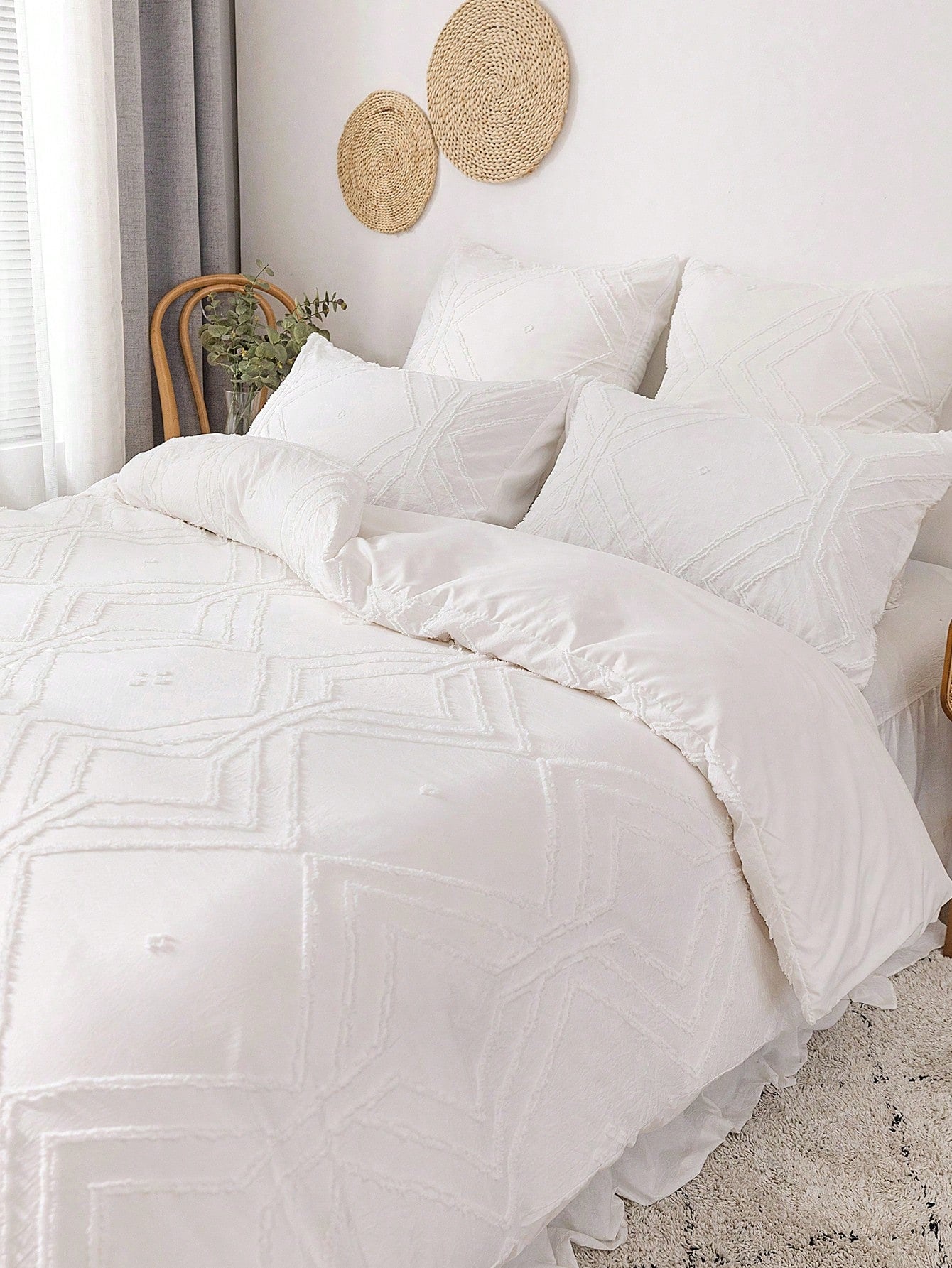3Pcs Plaid Cut Flowers Polyester Fiber Duvet Cover Set, Simple Japanese Style White Polyester Duvet Cover for All Seasons