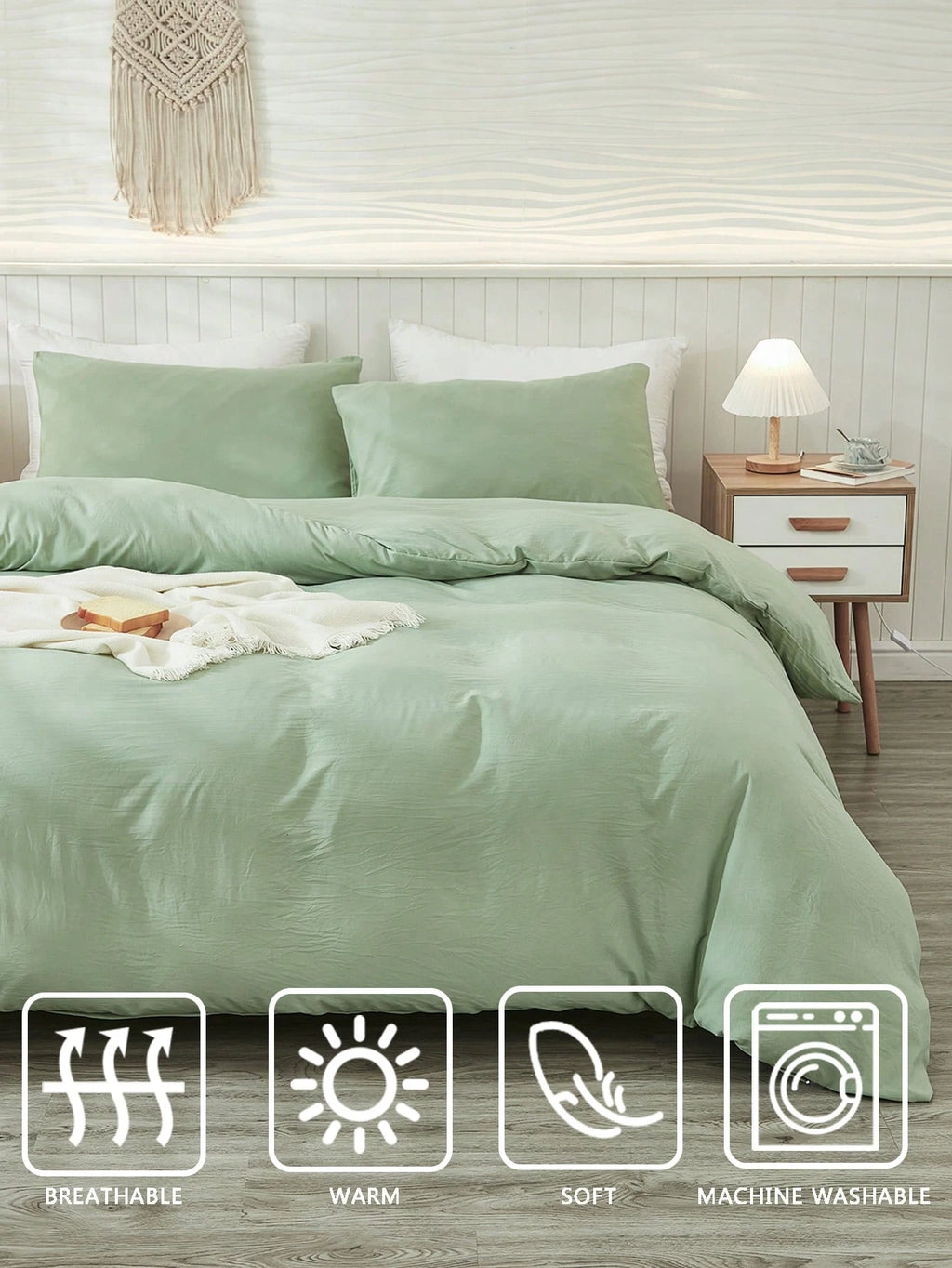 3Pcs Plain Green Duvet Cover Set, Boho Farmhouse Bedding Decor, Soft Microfiber Comforter Cover for Boys & Girls (1 Duvet Cover + 2 Pillowcases No Insert), School Dorm Essentials, Cozy Aesthetic,