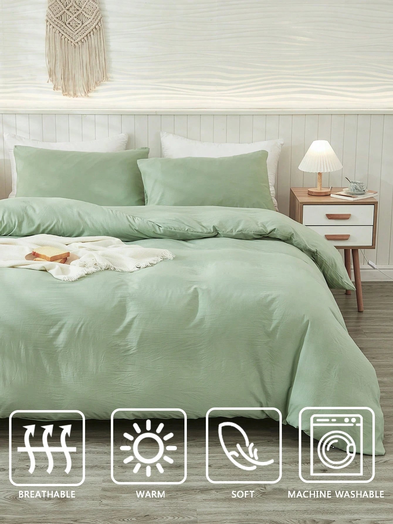 3Pcs Plain Green Duvet Cover Set, Boho Farmhouse Bedding Decor, Soft Microfiber Comforter Cover for Boys & Girls (1 Duvet Cover + 2 Pillowcases No Insert), School Dorm Essentials, Cozy Aesthetic,