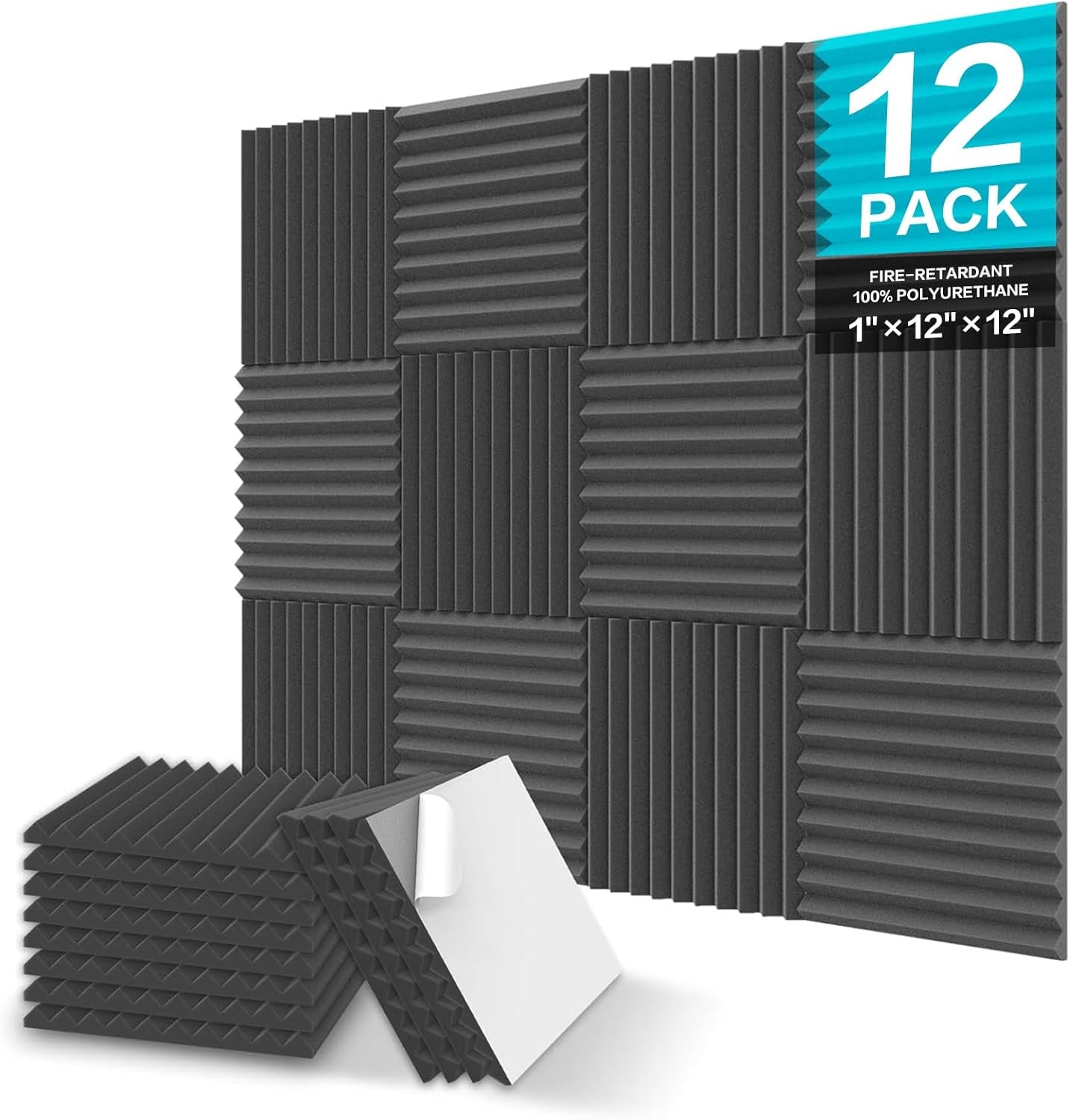 12 Pack Sound Proof Foam Panels, 1" X 12" X 12" Self-Adhesive Acoustic Foam Panels, Acoustic Panels Wedges High Density, Soundproof Wall Panels for Treatment Home Studio - Black