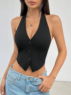 PETITE Ladies Solid Color Sleeveless Backless Neck-Hanging Summer Top