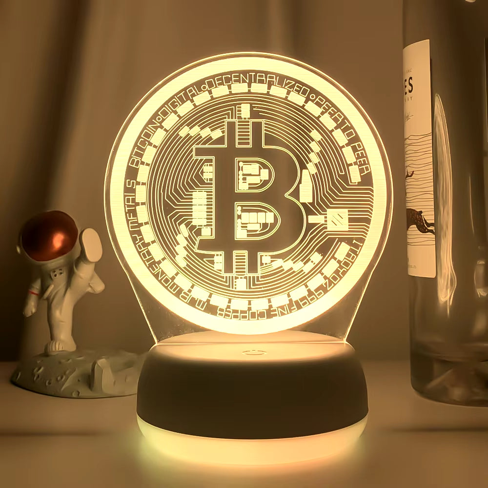 Acrylic Led Night Light Bitcoin for Room Decorative Nightlight Touch Sensor 7 Color Changing Battery Powered Table Night Lamp 3D