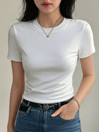 DAZY Women'S Solid Color Crew Neck Fitted Short Sleeve Undershirt Summer Preppy Tops