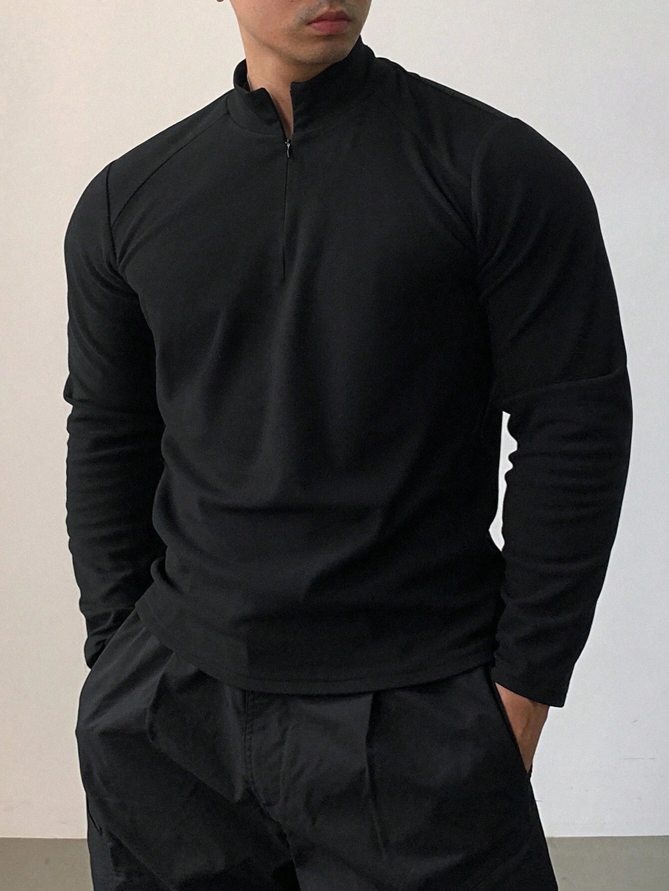 DAZY Men'S Solid Color Stand Collar Zipper Long Sleeve Slim Fit Sports T-Shirt, Autumn, Fall