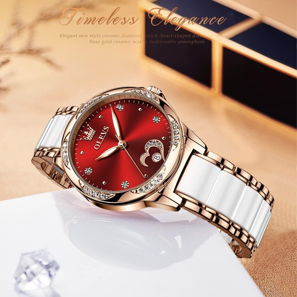 Womens Automatic Watch, Premium Large Face Diamond Accented Self Winding Watches for Women, Fashion Waterproof Ladies Dress Watch, Two Tone Stainless Steel Ceramic Bracelet