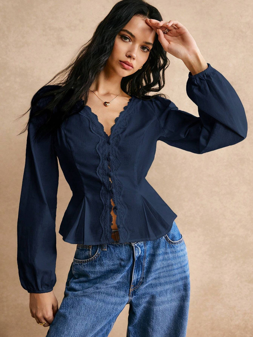 PoéSelle Cotton Elegant Lace Trimmed Waist Button Detail Shirt, Long Sleeve Shirt, Waist Shirt, Lace Top, Lace Shirt, Cotton Shirt, Elegant Waist Detail, for Everyday Work Outing Effortless Chic Essential, FW24, Fall Womenswear