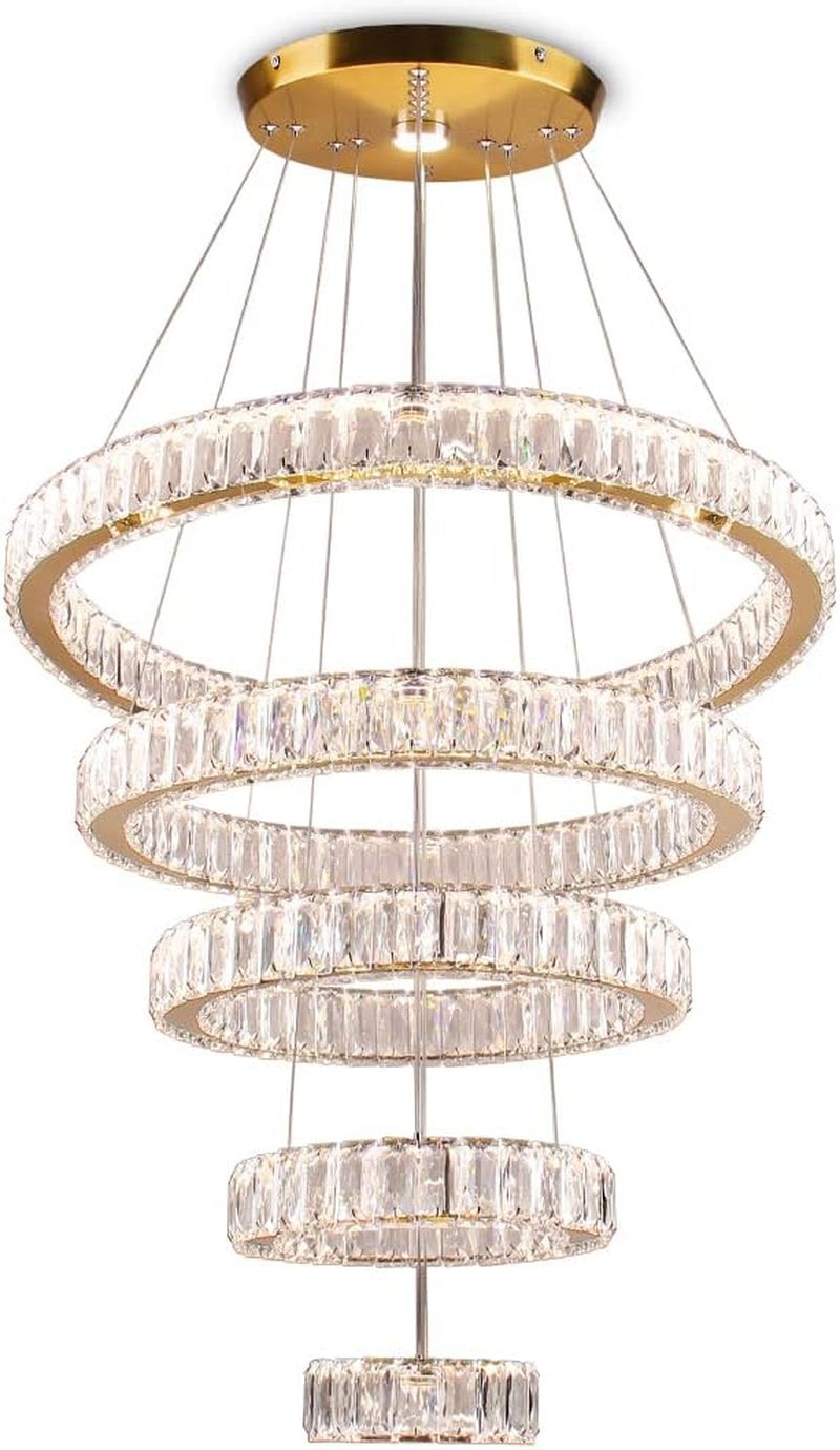 LED Big Crystal Chandeliers Modern 5 Rings Pendant Light Adjustable Ceiling Light for Bedroom Dinning Room Kitchen (Multicolor,Control by Switch)