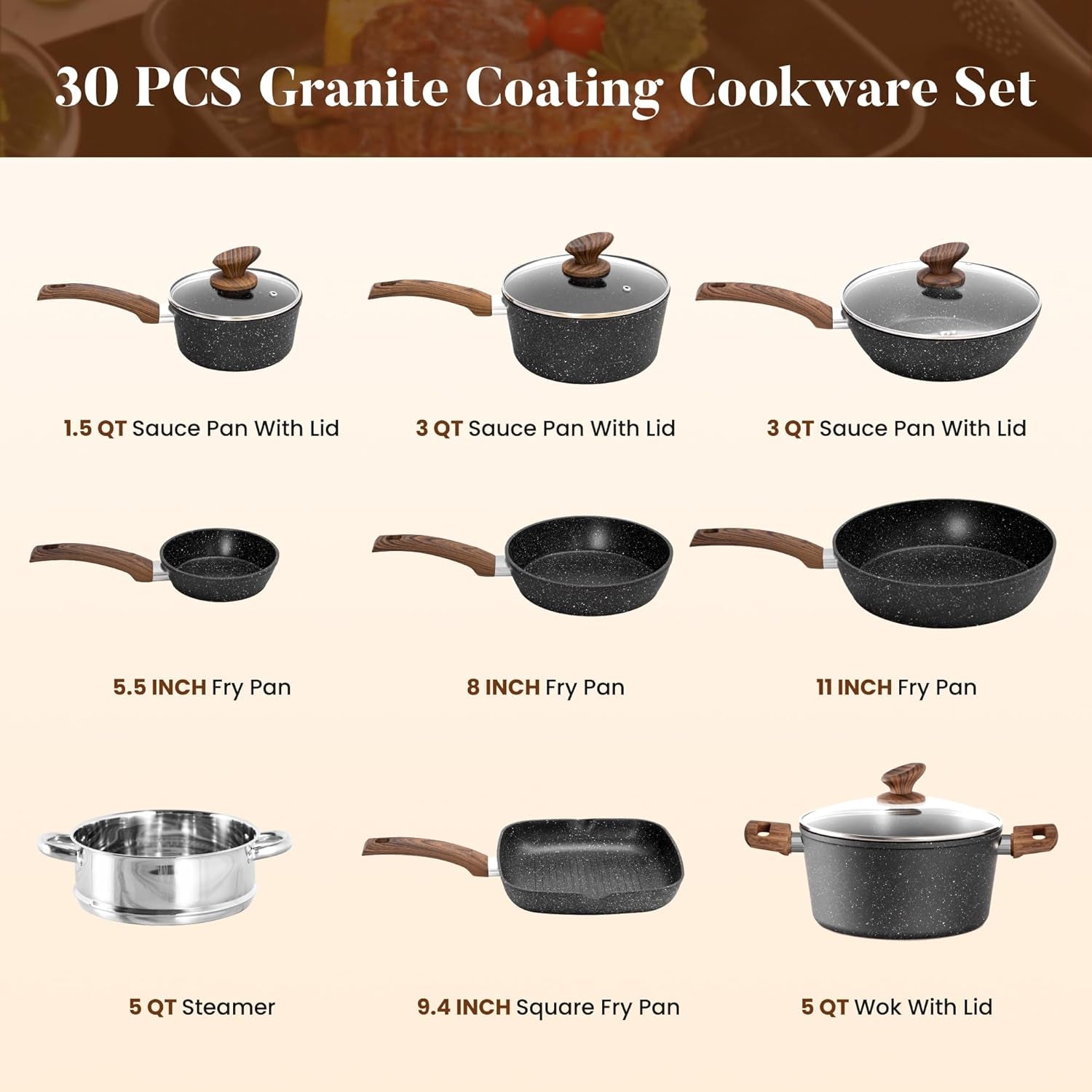 Kitchen Induction Cookware & Bakeware Set - 30 Piece Black Granite Cooking Pans Set, Non-Stick Pots and Pans Set